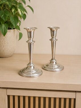 Vintage HBC Silver Plate Candlesticks England Castlecore Cottagecore Bookcase‎